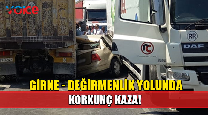 Salon araç iki kamyon arasında sıkıştı