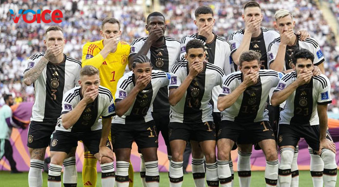 Germany players cover mouths at World Cup in FIFA protest